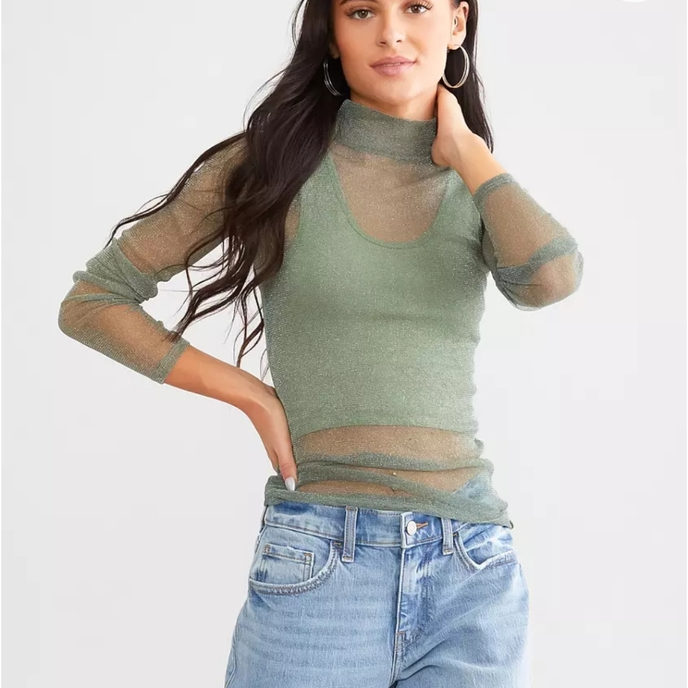 Willow & Root Metallic Green Sheer Turtleneck Top Size XL Fairycore Whimiscal